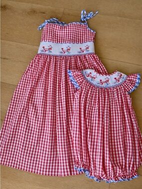 Red Gingham Smocked Kids Dress with Blue Trim